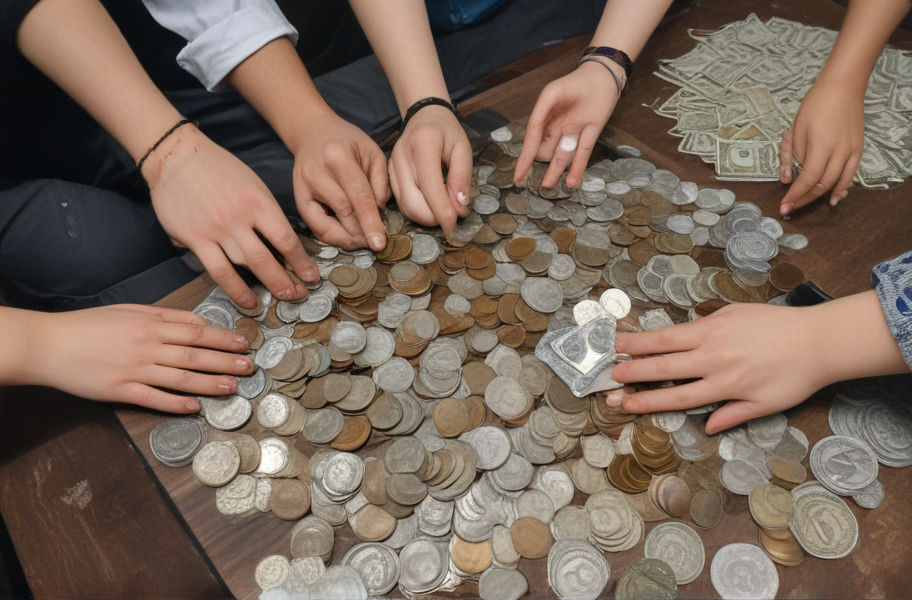 Numismatists gather, exchanging coins and banknotes.