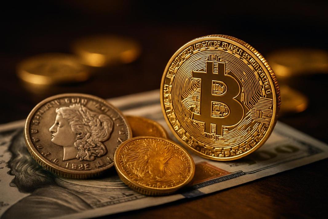 Bitcoin and vintage coins on cash background symbolize clash of digital finance.
