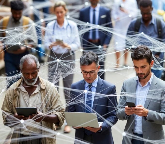 engaging narrative scene of diverse people connected through transparent supply chain webs