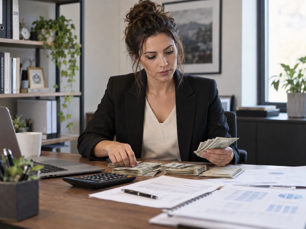 Focused Woman Counting Money at Desk